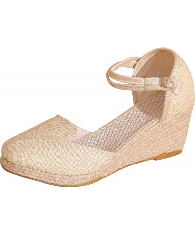 Women Sandals Platform Wedge Linen Sandals Fashion Versatile Braided Buckle Breathable Yoga Mat Sandals for Women Beige $16.1...