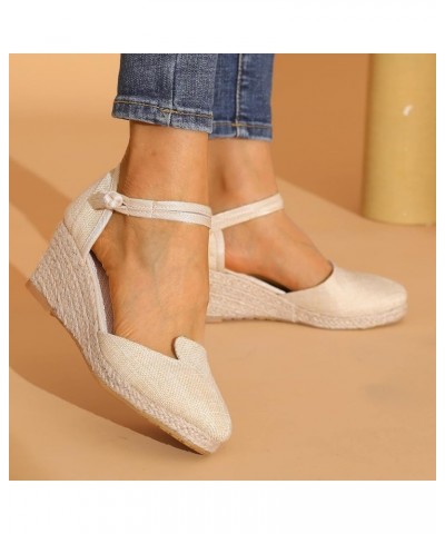 Women Sandals Platform Wedge Linen Sandals Fashion Versatile Braided Buckle Breathable Yoga Mat Sandals for Women Beige $16.1...