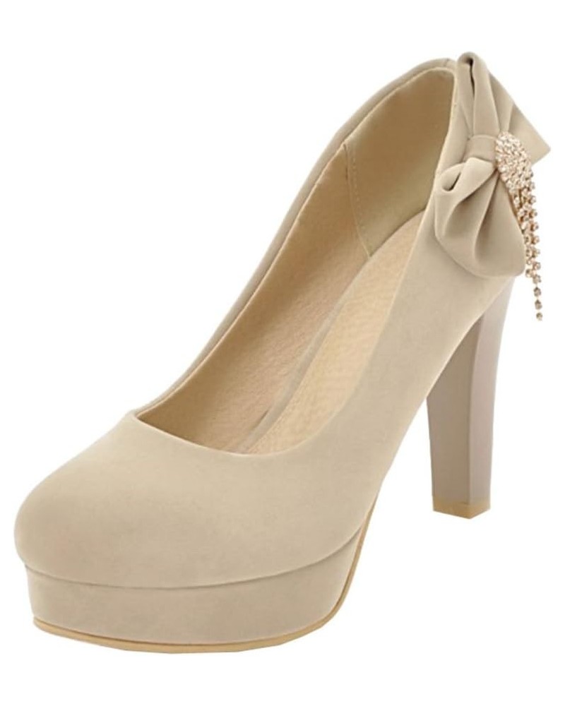 Pumps with Suede Materail and Cute Bowtie Large Slip-on Shoes Beige $24.43 Pumps