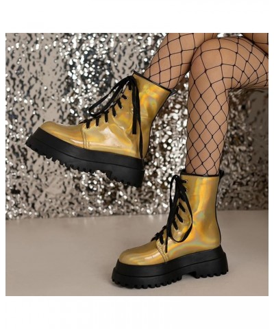 Ankle Bootie for Women Lace up Platform High Heel Boots Fashion Hiking Round Toe Chunky Block Heel Leather Booties Yellow $29...