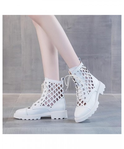 Womens Mid Thick Heeled Cutout Mid Shaft Calf Boot Casual Lace up Round-Toe for Ladies Fall Breathable Boots Shoes White $25....