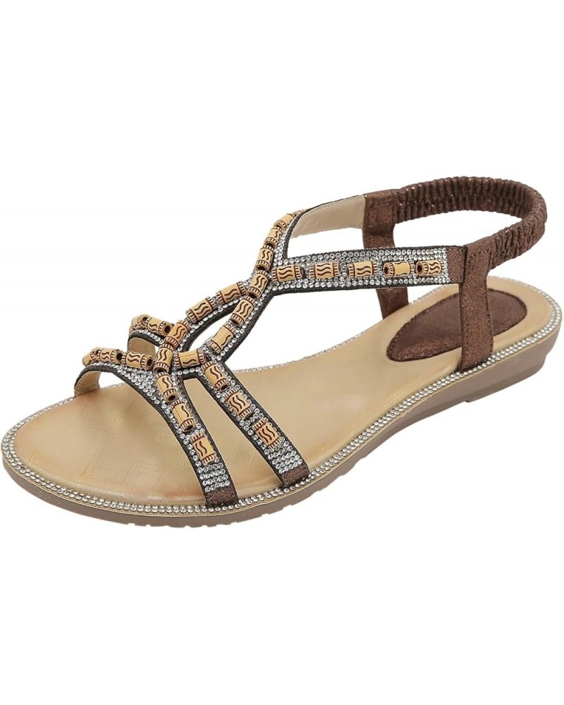 Summer Beach Sandals for Women 2024, Rhinestone Sandals for Women Bohemian Open Toe Sandals with Elastic Strap Brown $19.46 S...