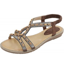 Summer Beach Sandals for Women 2024, Rhinestone Sandals for Women Bohemian Open Toe Sandals with Elastic Strap Brown $19.46 S...