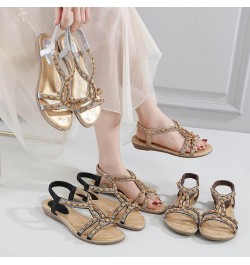 Summer Beach Sandals for Women 2024, Rhinestone Sandals for Women Bohemian Open Toe Sandals with Elastic Strap Brown $19.46 S...