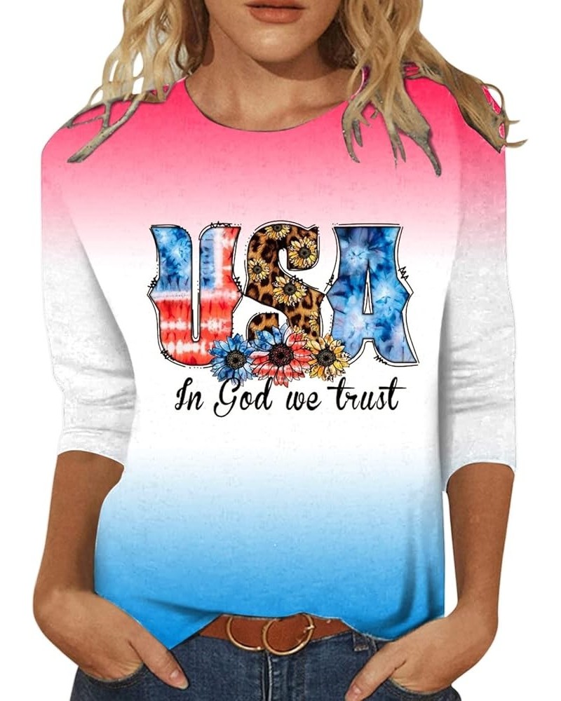 Fourth of July Shirt Women Comfortable 3/4 Sleeve Independence Day Shirts Suitable Summer Women Long Sleeve Tee Pink $11.24 S...