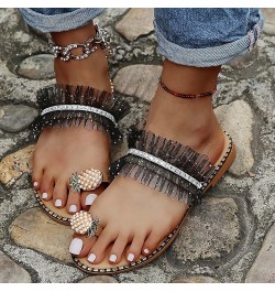 Womens Floral Pearl Flat Sandals Toe Ring Beach Shoes Gladiator Slip-On Flats Sandals Retro Roman Open Toe Slipper 015black $...