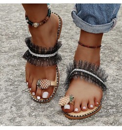 Womens Floral Pearl Flat Sandals Toe Ring Beach Shoes Gladiator Slip-On Flats Sandals Retro Roman Open Toe Slipper 015black $...