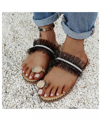 Womens Floral Pearl Flat Sandals Toe Ring Beach Shoes Gladiator Slip-On Flats Sandals Retro Roman Open Toe Slipper 015black $...