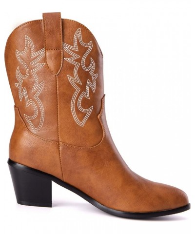 Womens Retro Embroidered Ankle Cowgirl Boots Chunky Heel Western Boots Colorful Pointed Toe Cowboy Short Boots Light Brown $3...