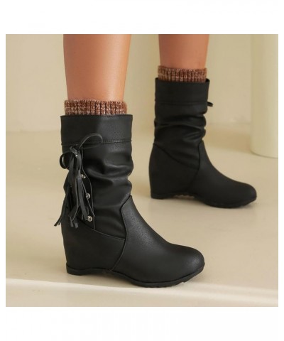 Heeled Boots for Women Mid Calf Black Cowboy Boots for Women with Heel Women Platform Wedge Knee Boots Flat Black Leather Mid...