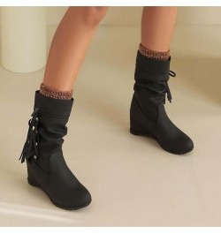 Heeled Boots for Women Mid Calf Black Cowboy Boots for Women with Heel Women Platform Wedge Knee Boots Flat Black Leather Mid...