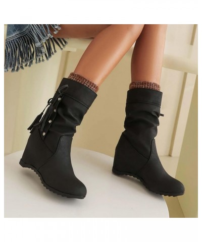 Heeled Boots for Women Mid Calf Black Cowboy Boots for Women with Heel Women Platform Wedge Knee Boots Flat Black Leather Mid...