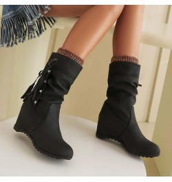 Heeled Boots for Women Mid Calf Black Cowboy Boots for Women with Heel Women Platform Wedge Knee Boots Flat Black Leather Mid...