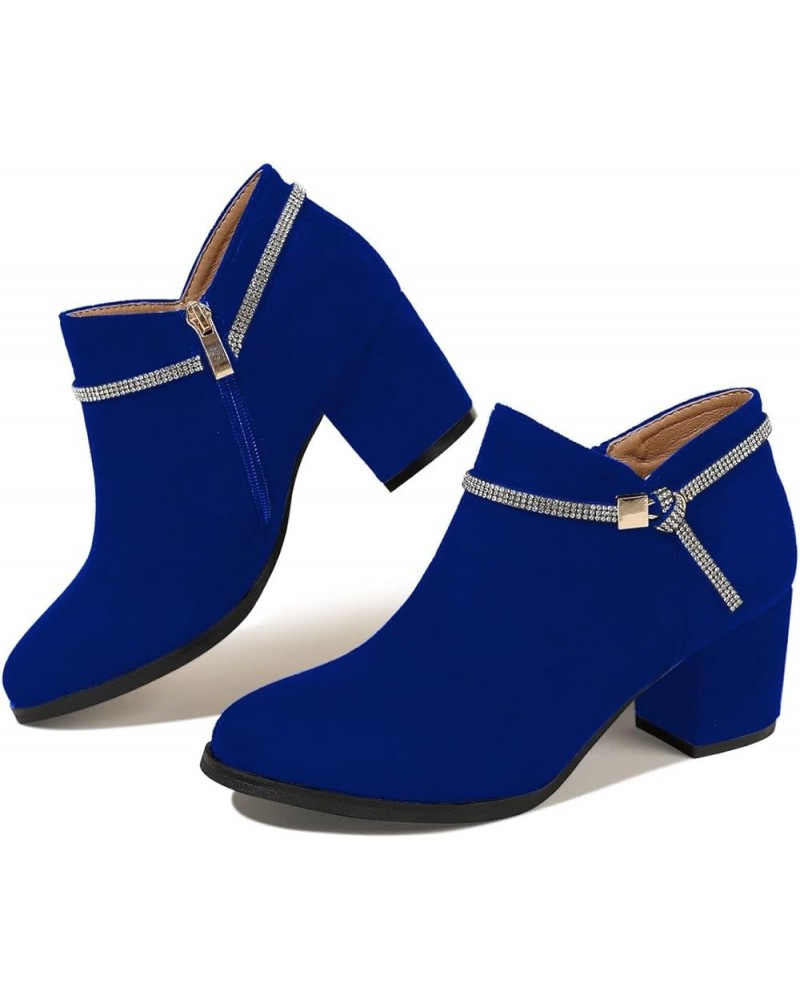 Women Round Toe Ankle Boots Block Mid Heel Booties Rhinestone Strap Comfy Fall Winter Shoes Size 4-15 US Royal Blue $45.10 Boots