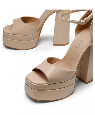 High Heels Chunky Block Platform Heels for Women Ankle Strap Sexy Open Square Toe Heels Dressy Pumps Sandals Nude $29.67 Sandals