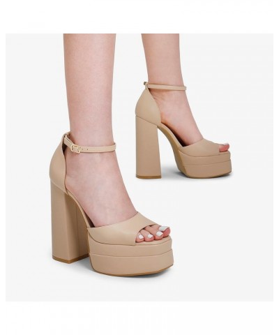 High Heels Chunky Block Platform Heels for Women Ankle Strap Sexy Open Square Toe Heels Dressy Pumps Sandals Nude $29.67 Sandals