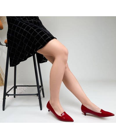 Womens Low Kitten Heel Pointed Toe Pumps Slip-on Casual Dress Patent Leather 1.2 Inches Shoes Burgundy Red $32.95 Pumps