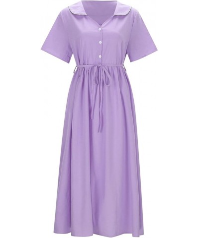 Women Elegant Lapel Button Belt Solid Color Long Skirt V Neck Breathable Casual Short Sleeved Plus Size Gown for G-purple $13...