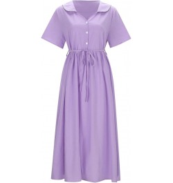 Women Elegant Lapel Button Belt Solid Color Long Skirt V Neck Breathable Casual Short Sleeved Plus Size Gown for G-purple $13...