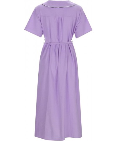 Women Elegant Lapel Button Belt Solid Color Long Skirt V Neck Breathable Casual Short Sleeved Plus Size Gown for G-purple $13...