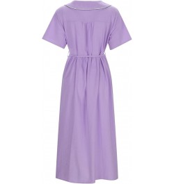 Women Elegant Lapel Button Belt Solid Color Long Skirt V Neck Breathable Casual Short Sleeved Plus Size Gown for G-purple $13...