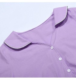 Women Elegant Lapel Button Belt Solid Color Long Skirt V Neck Breathable Casual Short Sleeved Plus Size Gown for G-purple $13...