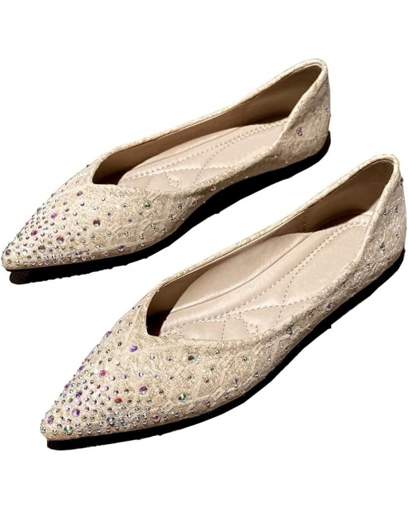 Womens Comfortable Flats Pointed Toe Rhinestone Wedding Dress Flats Breathable Slip on Walking Flat Shoes M Khaki $10.98 Flats