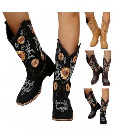 Cowboy Boots For Women Embroidery Western Boot Retro Pointed Toe Square Heels Thick-soled Mid-Calf Platform Booties Zz01-yell...