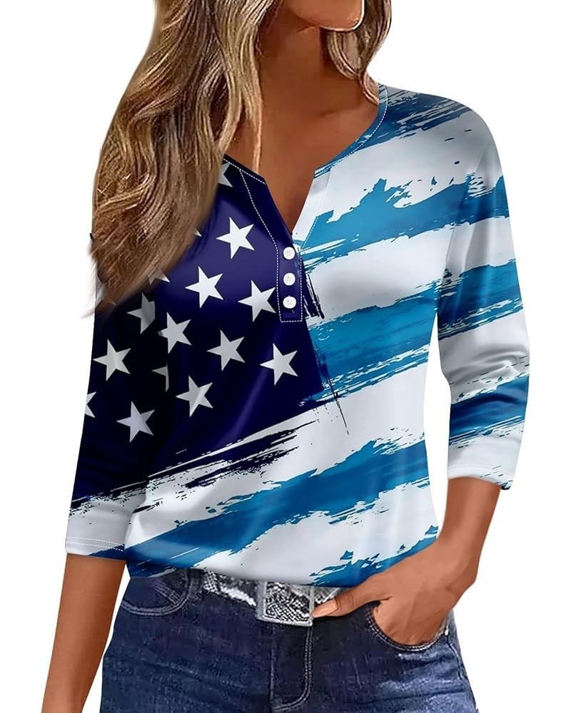 Womens 3/4 Sleeve Tops V Neck Independence Day Print Blouses Button Down Relaxed Fit Shirts Casual Loose Tshirt 5-royal Blue ...