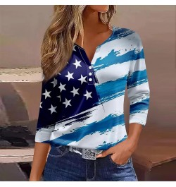 Womens 3/4 Sleeve Tops V Neck Independence Day Print Blouses Button Down Relaxed Fit Shirts Casual Loose Tshirt 5-royal Blue ...