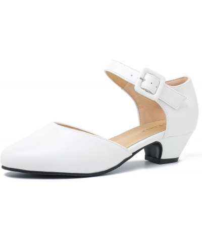 Women's Closed Toe Low Block Heels Ankle Buckle Strap D'Orsay Pumps Comfortable Chunky Heel Dress Work Church Shoes White Mat...