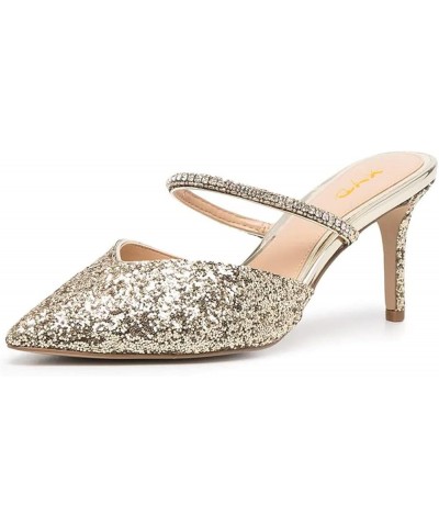 Summer Women Glitter Sequin Pointed Toe Rhinestone Strap Backless Sandals Slip on Mid Heels Pumps Wedding Bridal Dress Party ...