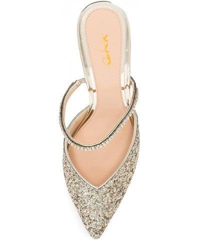 Summer Women Glitter Sequin Pointed Toe Rhinestone Strap Backless Sandals Slip on Mid Heels Pumps Wedding Bridal Dress Party ...