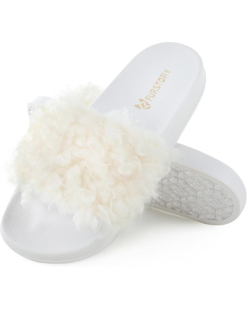 Women's Furry Slides Faux Fur Slides Fuzzy Slippers Fluffy Sandals Outdoor Indoor Curly White $13.77 Slippers