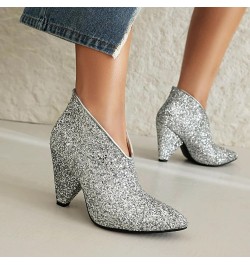 Women High Heel Booties Black Glitter Dress Shoes Spring Fall Ankle Boots Silver Shoes Gold Red Point Toe Shoe Size 5-10 Silv...