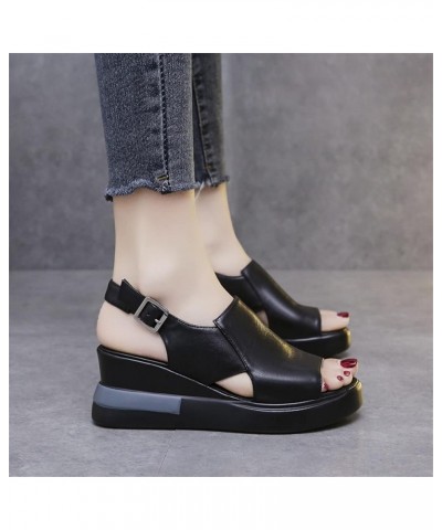 Women's Wedge Heel Sandals Casual Summer Open Toe Leather Fish Mouth Sandals Fashion Ankle Strap Buckle Comfort Platform Sand...