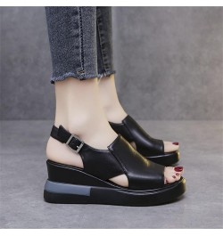 Women's Wedge Heel Sandals Casual Summer Open Toe Leather Fish Mouth Sandals Fashion Ankle Strap Buckle Comfort Platform Sand...