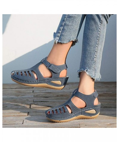 Hollow Closed Toe Sandals for Women, Soft PU Leather Vintage Summer Casual Non-Slip Beach Platform Shoes Sandals (Blue,7) Bla...