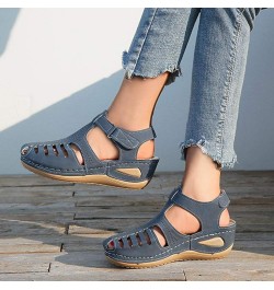 Hollow Closed Toe Sandals for Women, Soft PU Leather Vintage Summer Casual Non-Slip Beach Platform Shoes Sandals (Blue,7) Bla...