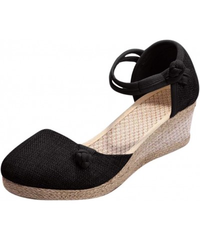 Sandals for Women with Bow Women Ladies Retro Linen Canvas Wedge Round Toe Casual Sandals Singles (Black, 5) Black 7 $15.92 S...