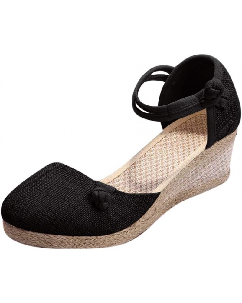 Sandals for Women with Bow Women Ladies Retro Linen Canvas Wedge Round Toe Casual Sandals Singles (Black, 5) Black 7 $15.92 S...