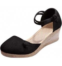 Sandals for Women with Bow Women Ladies Retro Linen Canvas Wedge Round Toe Casual Sandals Singles (Black, 5) Black 7 $15.92 S...