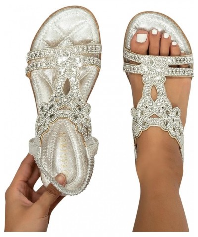 Girl's Sling Sandals Boho Flip Flop Women Wedge Flower Casual Rhinestone Summer 2024 Fashion Comfortable Shoes Silver $20.71 ...