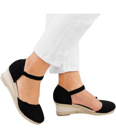 Sandals for Women with Bow Women Ladies Retro Linen Canvas Wedge Round Toe Casual Sandals Singles (Black, 5) Black 7 $15.92 S...