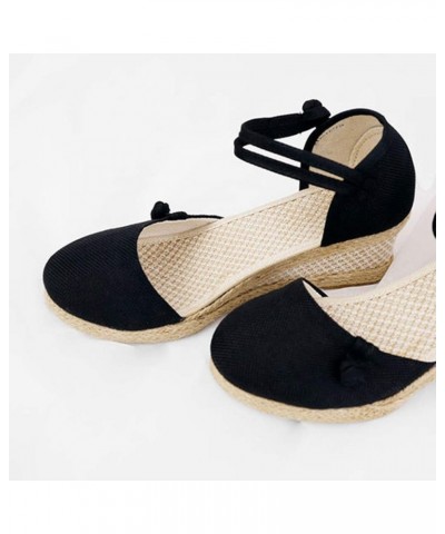 Sandals for Women with Bow Women Ladies Retro Linen Canvas Wedge Round Toe Casual Sandals Singles (Black, 5) Black 7 $15.92 S...