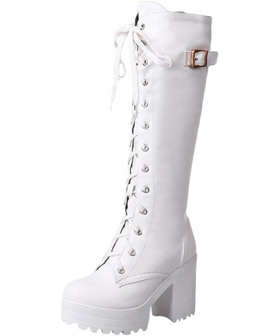 Knee High Boots For Women Flat Chunky Mid Heel Lace Up Faux Leather Riding Winter Buckle Riding Mid Calf Boots White $11.76 B...