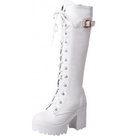 Knee High Boots For Women Flat Chunky Mid Heel Lace Up Faux Leather Riding Winter Buckle Riding Mid Calf Boots White $11.76 B...