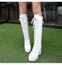 Knee High Boots For Women Flat Chunky Mid Heel Lace Up Faux Leather Riding Winter Buckle Riding Mid Calf Boots White $11.76 B...