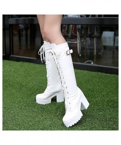 Knee High Boots For Women Flat Chunky Mid Heel Lace Up Faux Leather Riding Winter Buckle Riding Mid Calf Boots White $11.76 B...