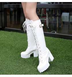 Knee High Boots For Women Flat Chunky Mid Heel Lace Up Faux Leather Riding Winter Buckle Riding Mid Calf Boots White $11.76 B...